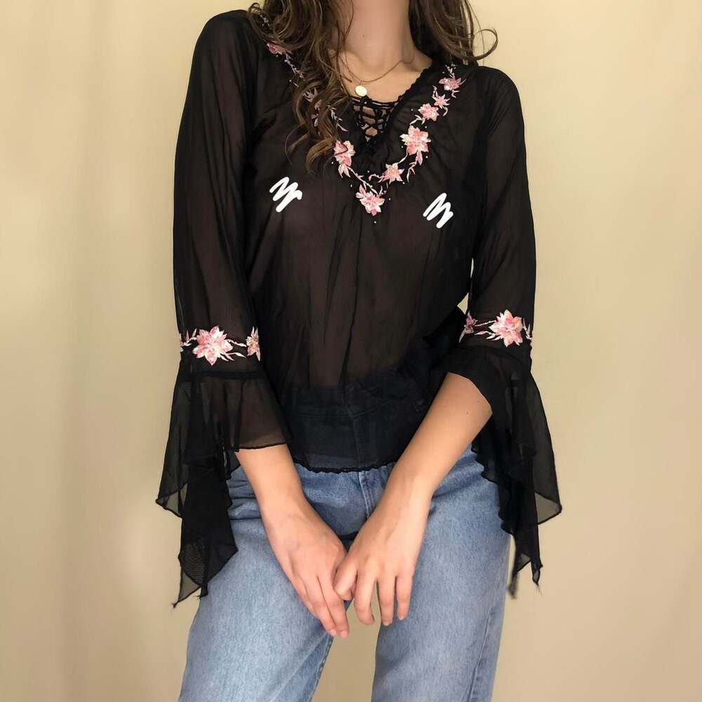 Vintage Sheer Black Peasant Blouse, Pink Floral Beaded Details, Flare Sleeve — F